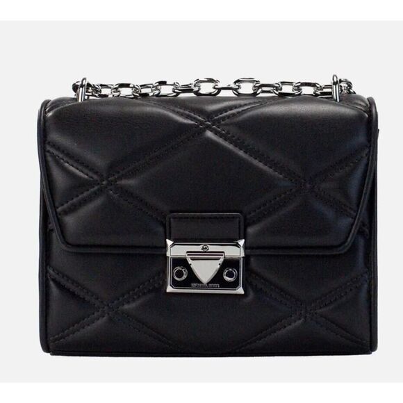 MICHAEL KORS MED Serena Black Silver Quilted F. Leather Crossbody Bag AUTH NEW - Picture 1 of 5